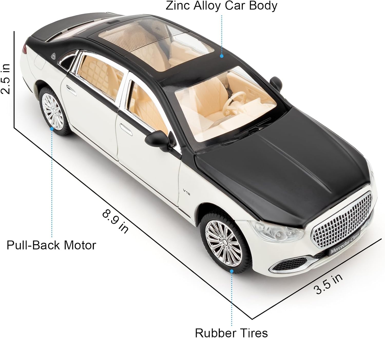 1/24 S680 Car Model, Collectible Diecast Car Toy with Sound and Light, Zinc Alloy Pull Back Toy Vehicle for Adult Boys Girls (White)
