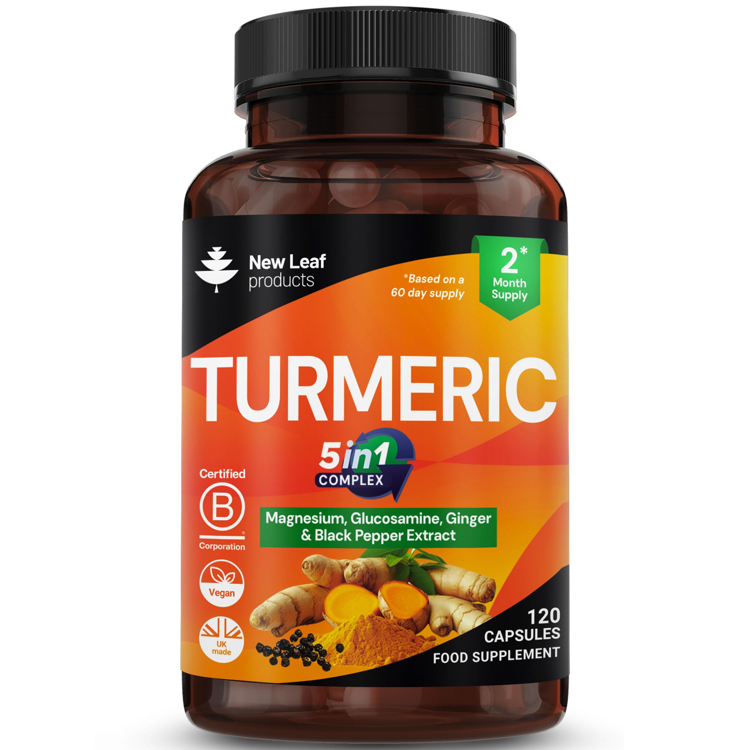 Turmeric 5-in-1 Complex - 5000mg Turmeric Capsules High Strength Enriched with Magnesium & Glucosamine Sulphate - Added Ginger Capsules + Black Pepper, 95% Curcumin Supplement - Vegan Supplement