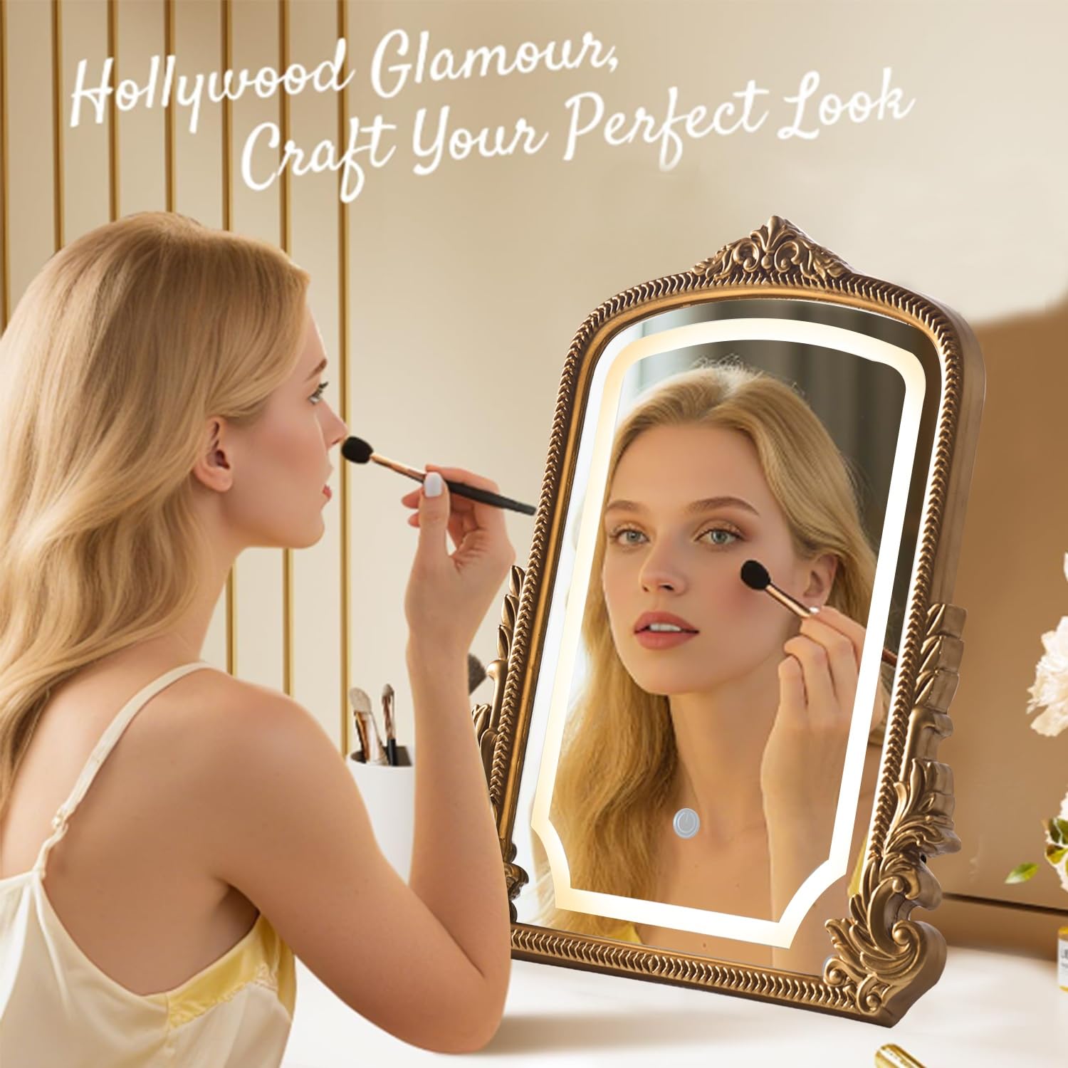 HSDDHOME Large 16x20 Vintage LED Vanity Mirror, Gold Arch Makeup Mirror