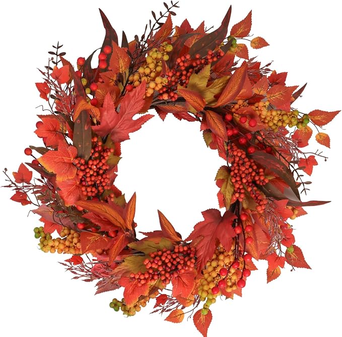 Amazon.com: 22 Inch Fall Wreath for Front Door - Artificial Maple Leaf ...
