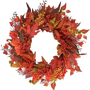 Amazon.com: 22 Inch Fall Wreath for Front Door - Artificial Maple Leaf ...