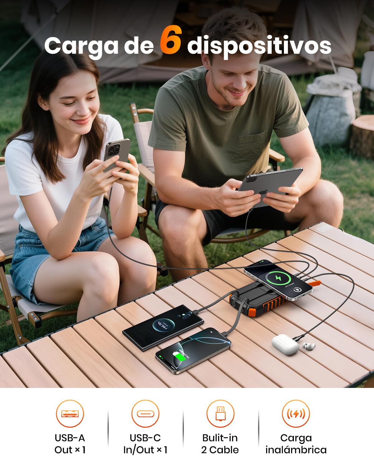 Cargador-Solar-Power-Bank-20000mAh - A ADDTOP 22,5W USB C Carga Rápida Batería Externa Inalámbrica con 2 Cables Integrado y Linternas, Cargador Portátil para Teléfono Tabletas (Naranja)