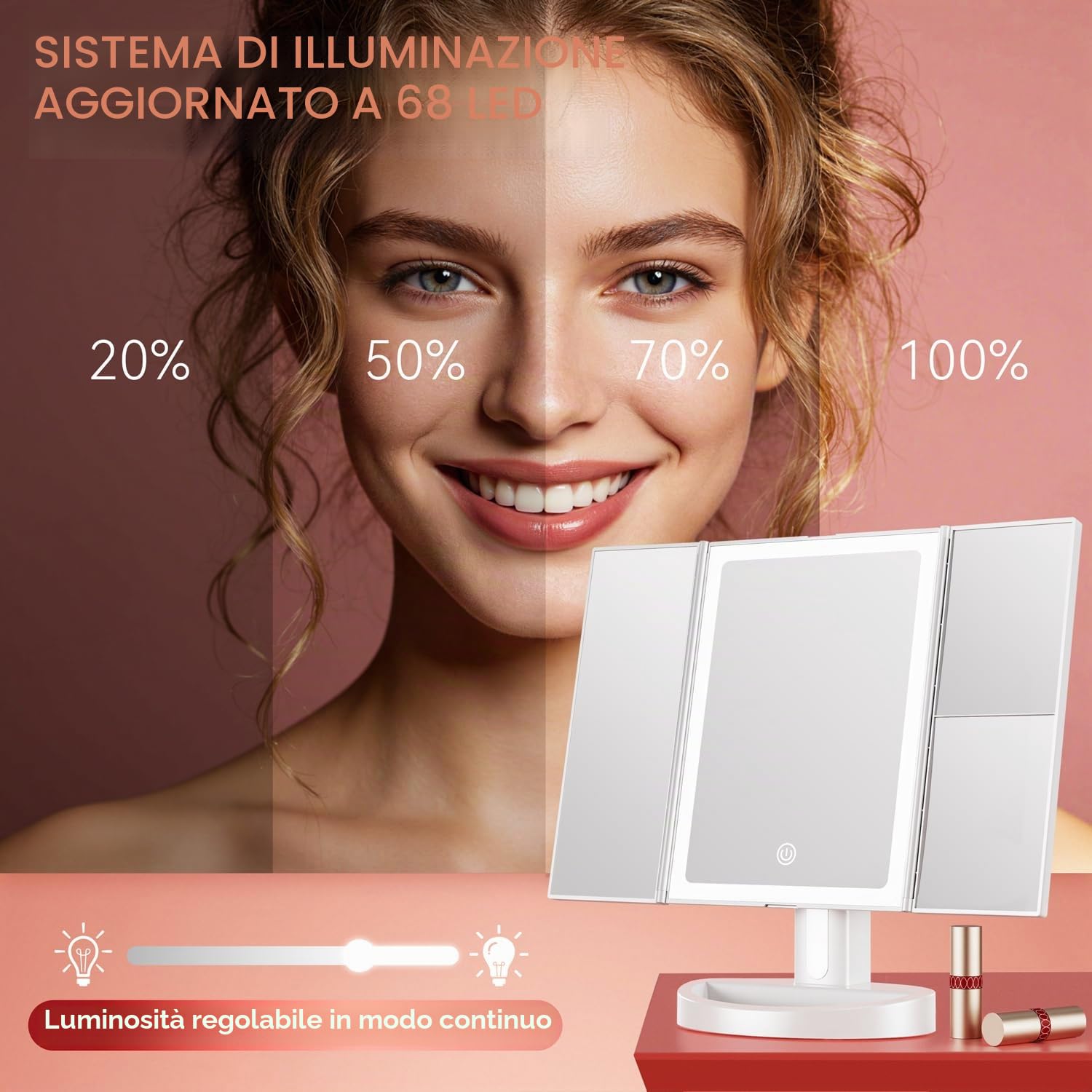 Auxmir Specchio Trucco con Luci Ricaricabile 2000mAh, Specchio Ingranditore 10X/5X/1X, Luminosità Regolabile, 3 Colori di Luce a 68pz LED, Ideale Regalo per Casa e Viaggio