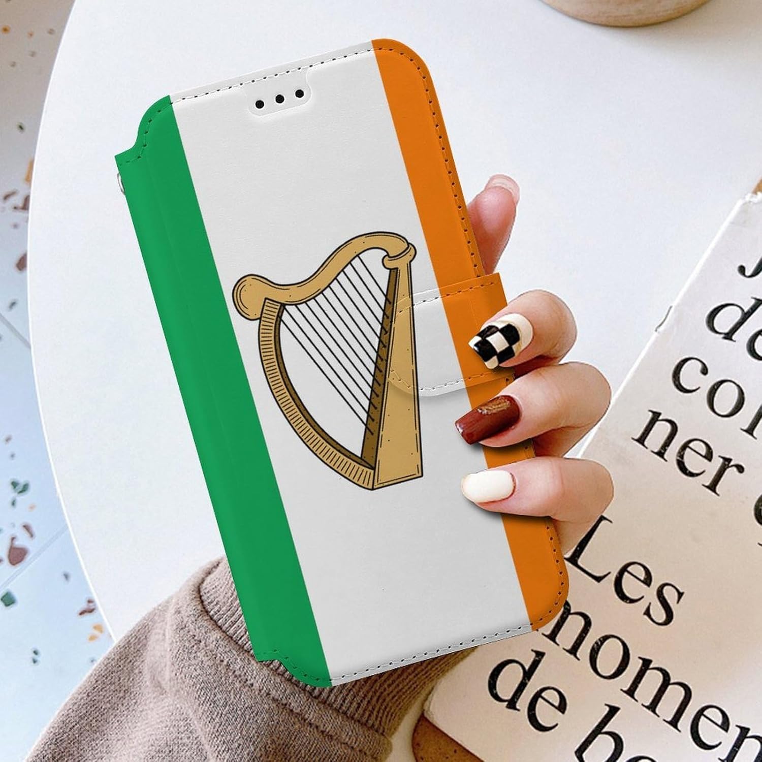 Irish Flag Ireland Harp Compatible with iPhone 16/16 Plus/16 Pro/16 Pro Max/16 E Case Phone Wallet Card Holder Flip Cover with Wrist Strap