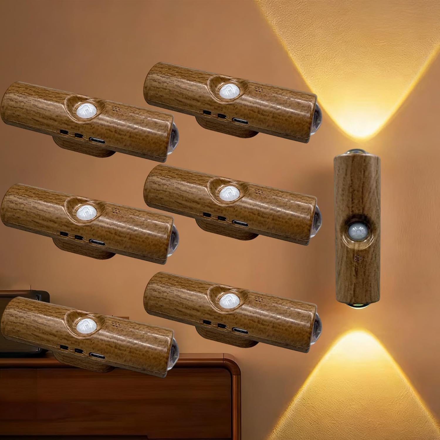 Rechargeable Smart LED Motion Sensor Ambient Light, Punch-Free Color Changing Motion Sensor Light for Stairs, Wardrobe, Cabinet (6Pcs,Black, 7-Color Changing)