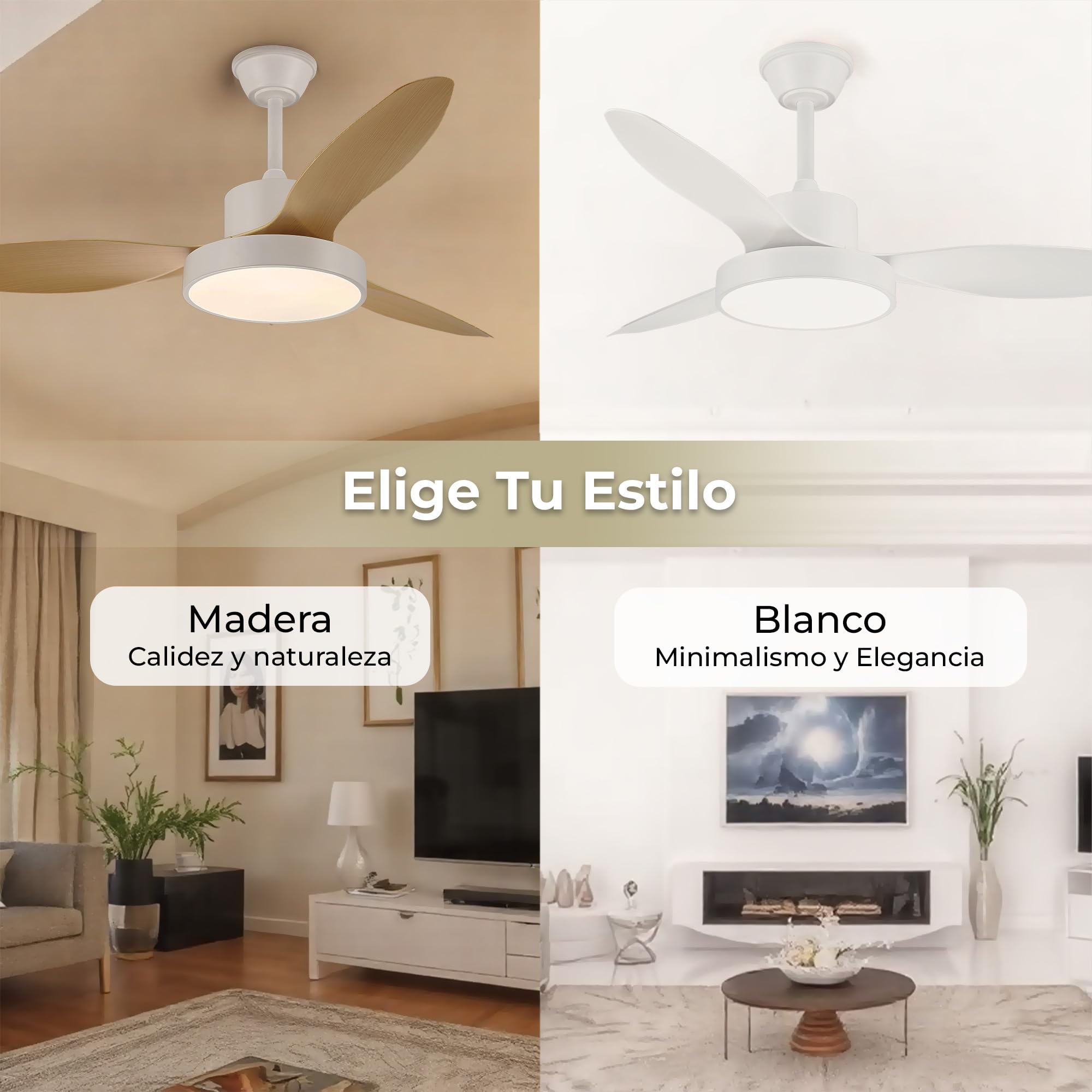 Ventilador de Techo con Luz LED y Aspas Reversibles - Diseño Premium, Silencioso con Mando a Distancia y Temporizador - Funcion Verano e Invierno y 3 Temperaturas de Luz LED (Blanco, L (120 cm))