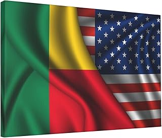 Frameless Canvas Wall Art 18x12 Inch - Benin Beninian And American Usa Flag Print On Cotton Canvas, Ready To Hang Living Room, Bedroom, Office, Kitchen, Home Decor
