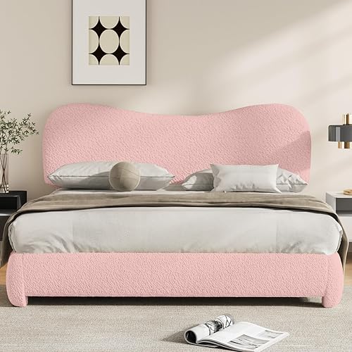 Miniatura 9 de Kelway Base de cama tamaño Queen Boucle tapizada con cabecera ajustable curvada, no necesita somier, color beige