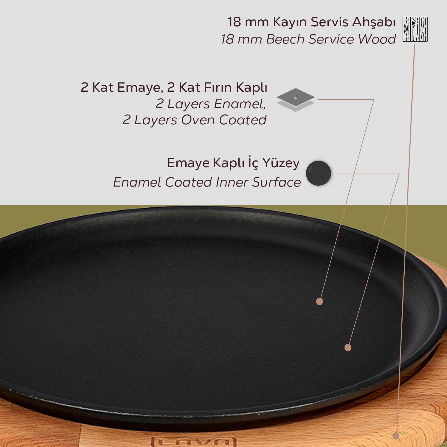 Lava Cast Crepes/Pizza/Pfannkuchen Pfanne rund mit Metallgriff und Holzunterlage, 26cm