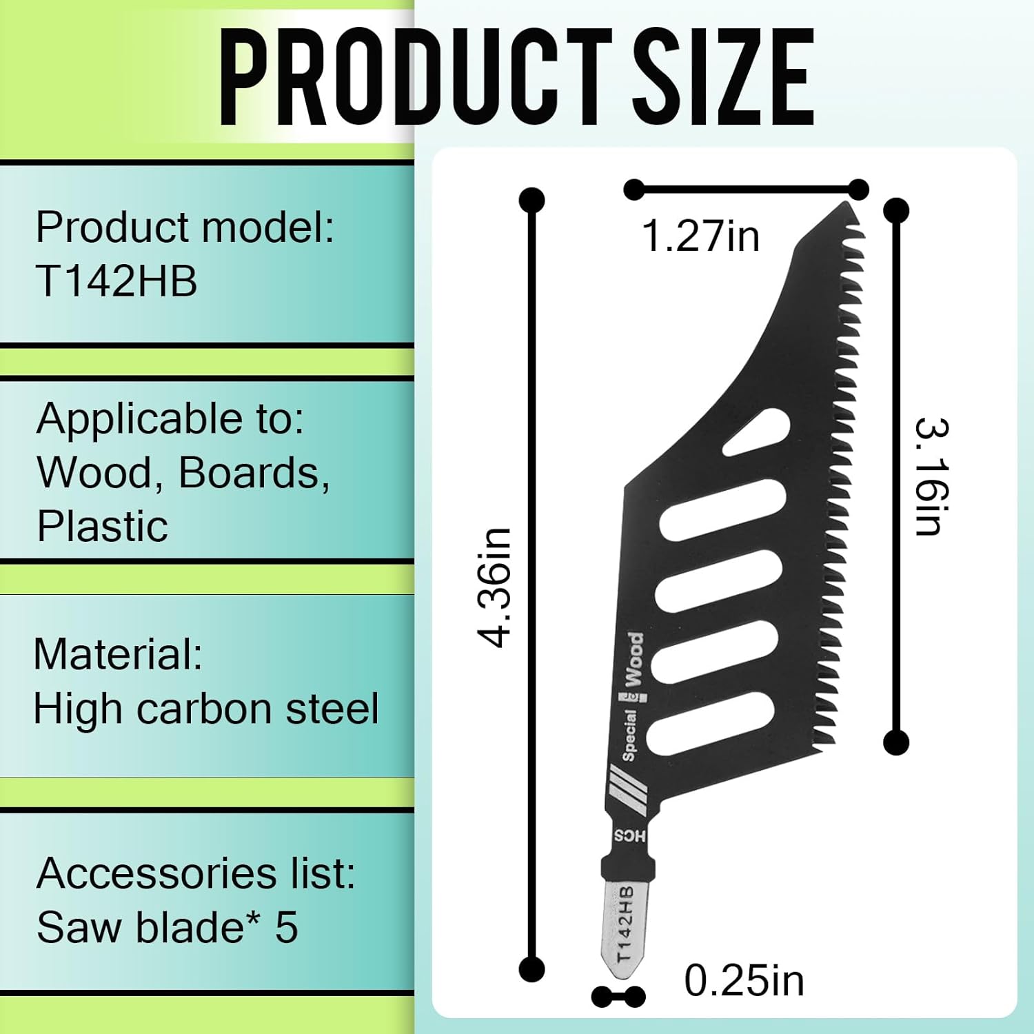 5Pcs T142HB Jigsaw Blades, 11 TPI, TShank High Carbon Steel Jigsaw Blade, Shaped Specifically for Wood Plastics Cutting, Steel Construction, Black