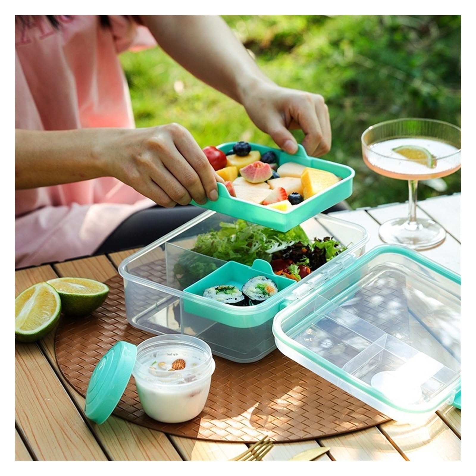 Fiambrera infantil de 1600 ml con yogur doble for llevar, apta for microondas, ideal for la escuela y oficina, recipiente hermético for almacenar alimentos(GREEN)