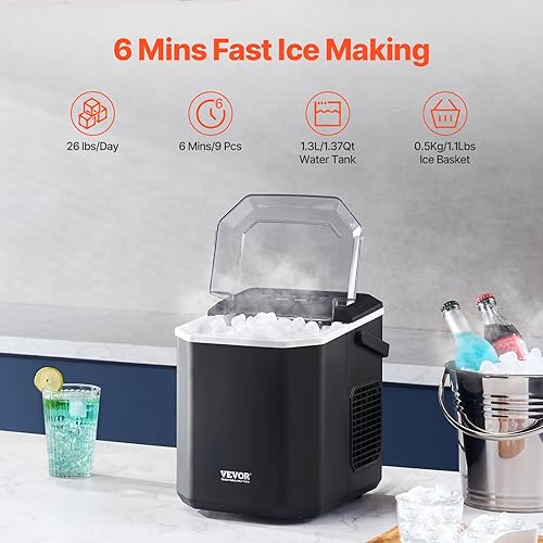 Vista 2 de VEVOR Máquina de hielo para encimera, 9 cubos listos en 6 minutos, 26 libras en 24 horas, máquina de hielo portátil autolimpiante con cuchara