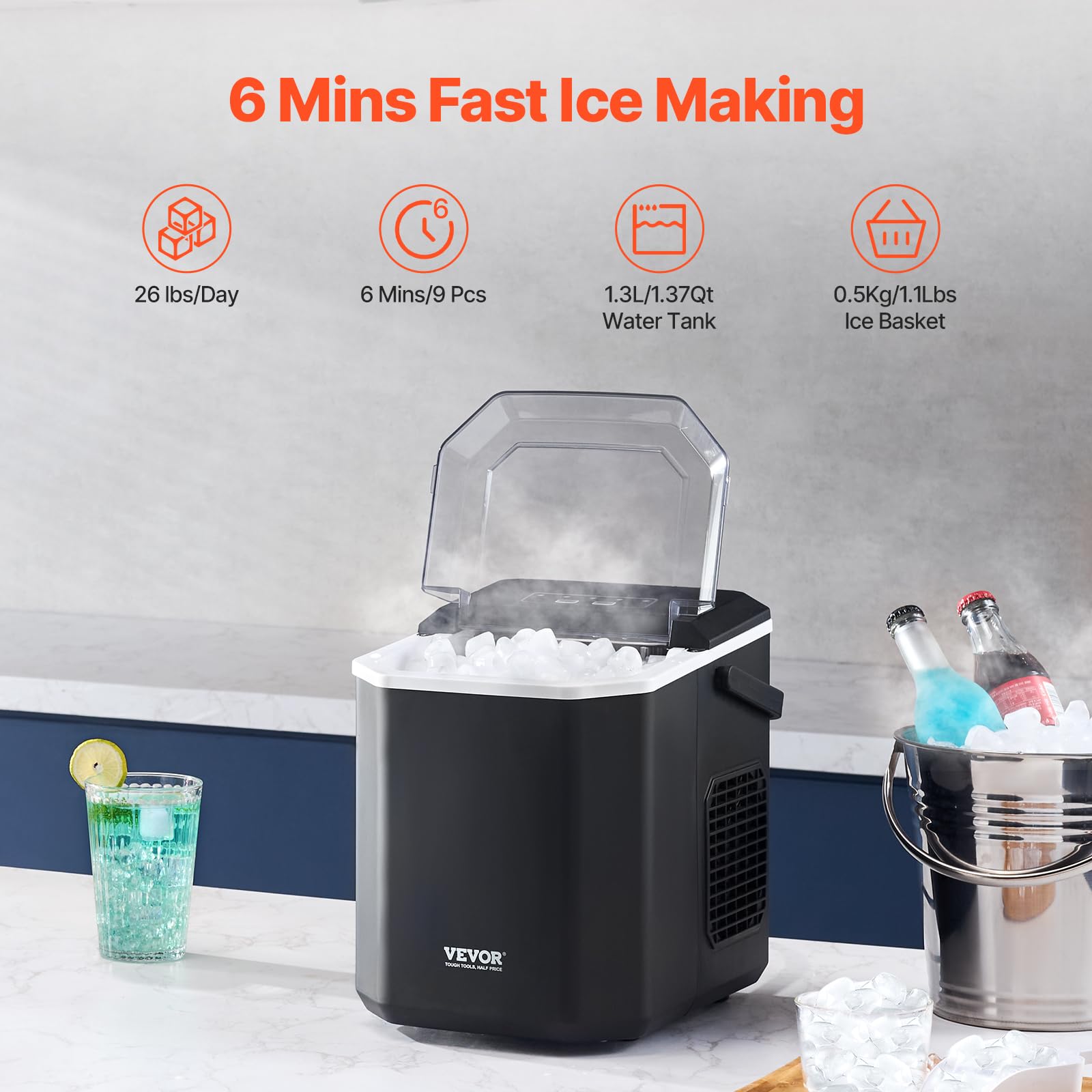 VEVOR Eiswürfelbereiter | 24 Würfel In 15 Min., Bis 20,4 Kg/Tag | 3 Größen, Edelstahlgehäuse | Mit Selbstreinigung, Leise | Für Küche, Bar, Party