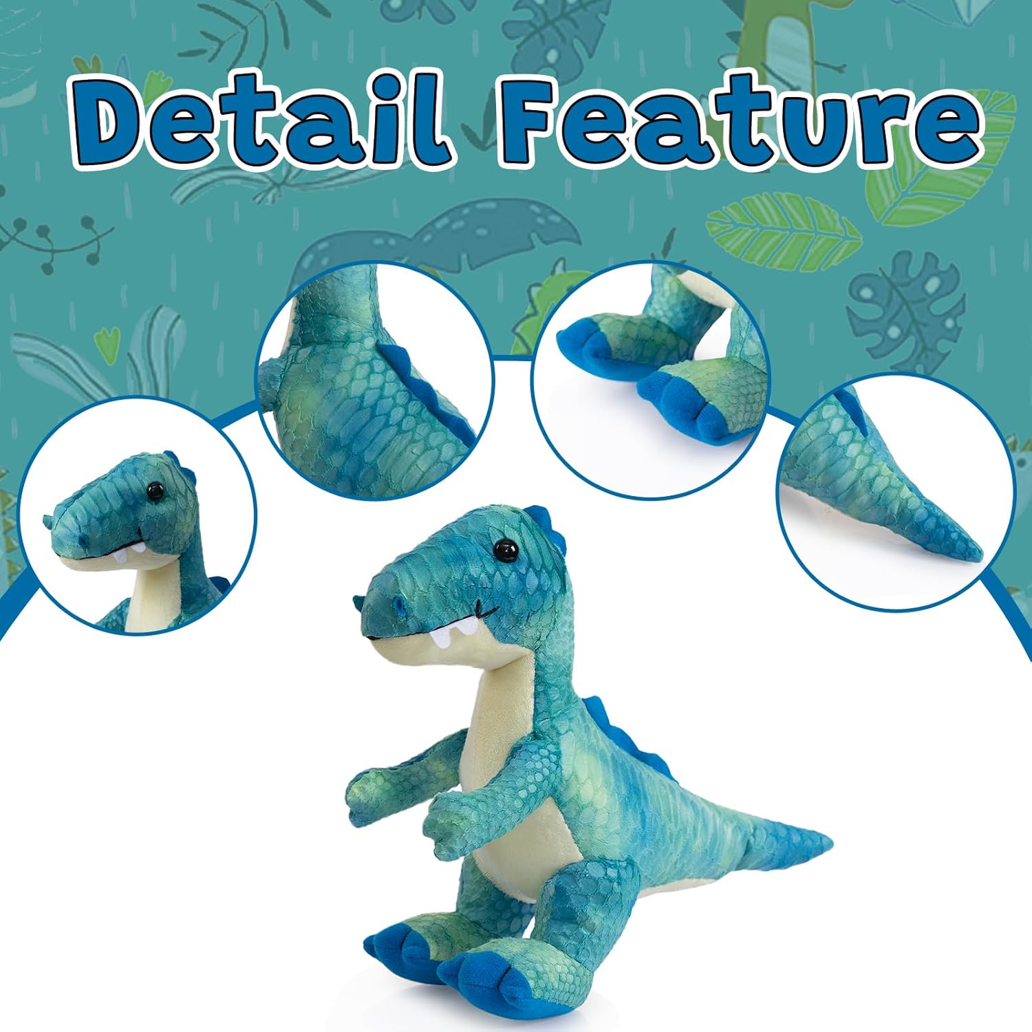 HollyHOME Plush T-Rex Dinosaur Toy with Soft Realistic Textured Scales Cute Dino Gift for Kids Blue and White 10"