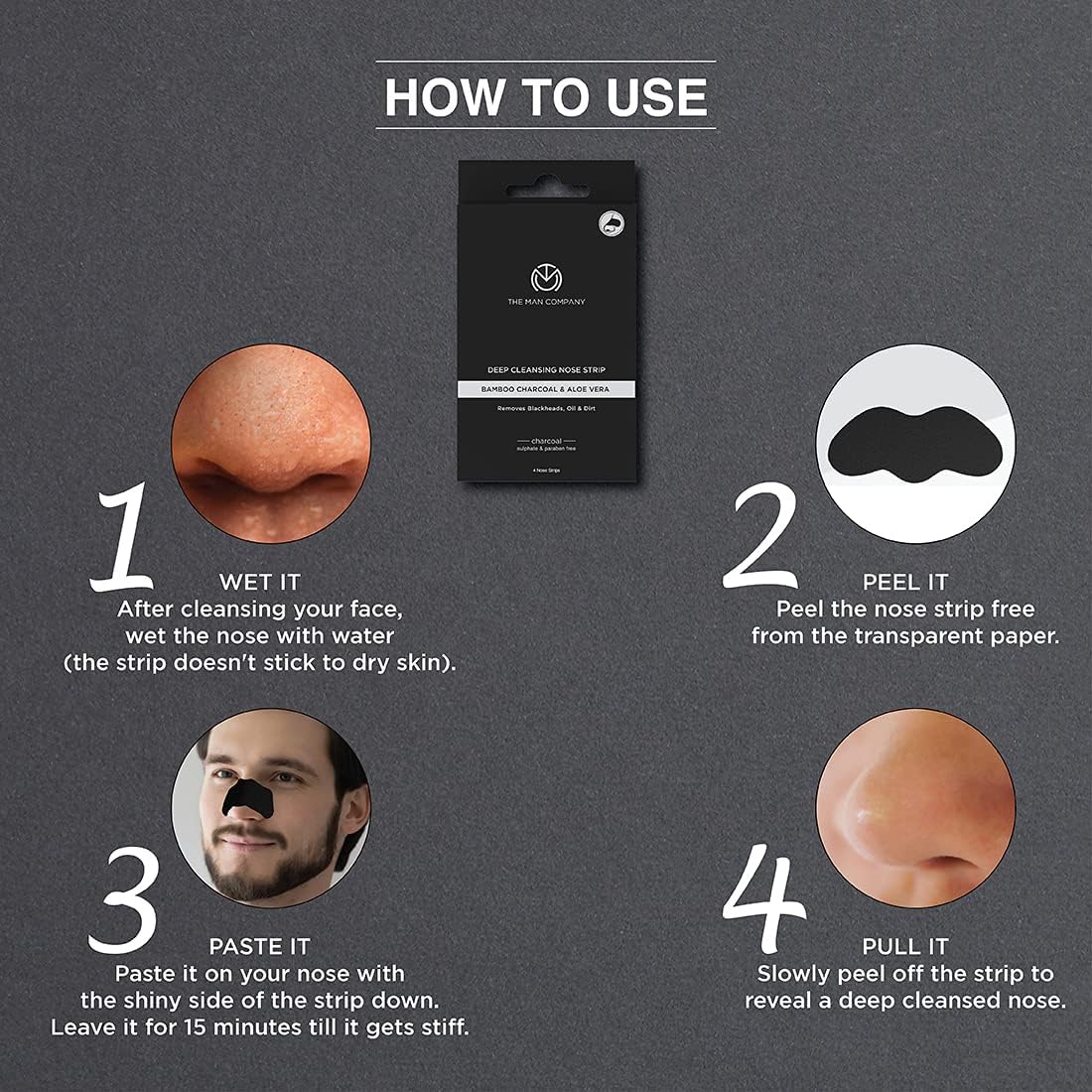 The Man Company Charcoal Nose Strips with Aloevera Extract | Blackhead, Whitehead Remover | Pores Cleanser | Dirt Free | Improves Skin Texture ( 4 Strips)