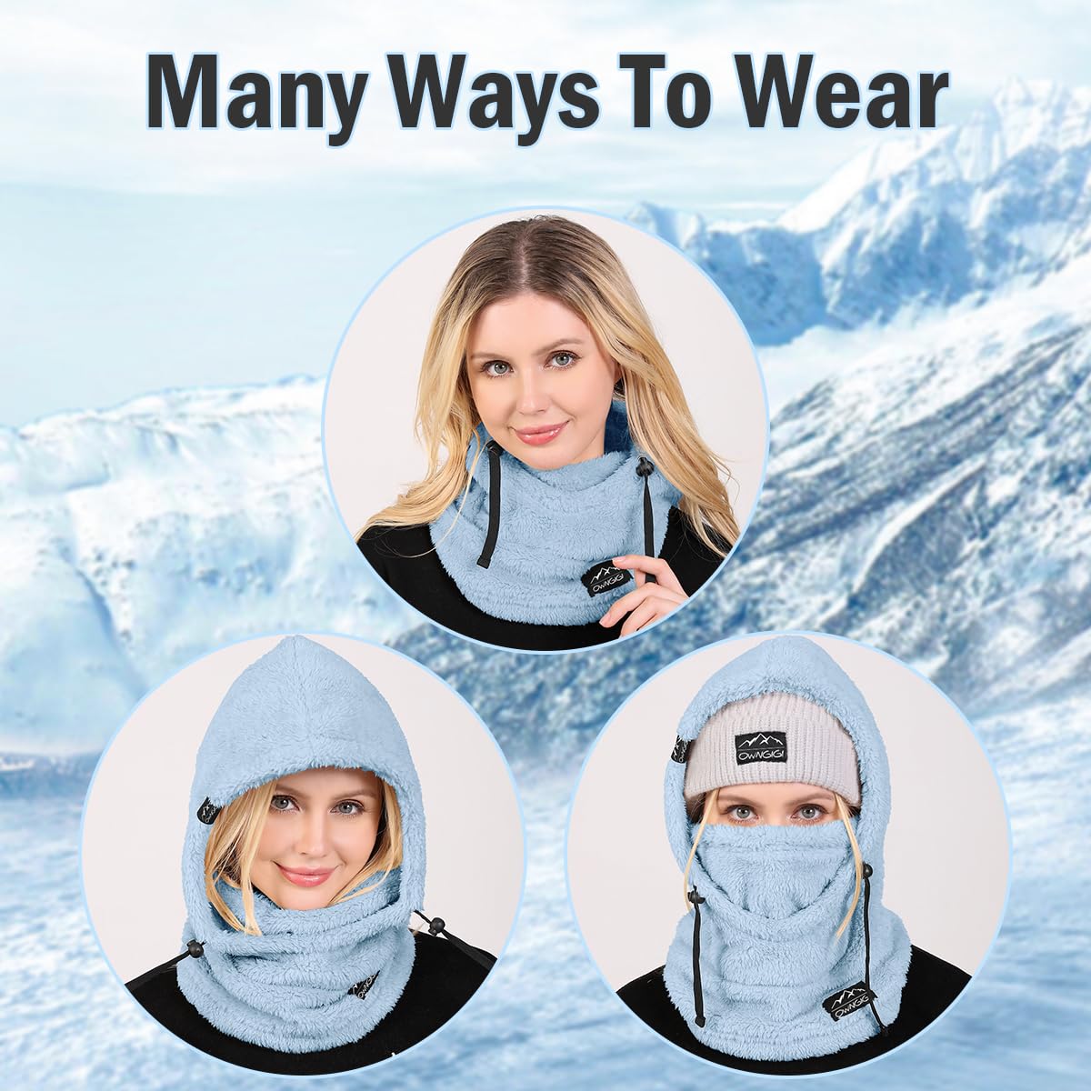 OWNGIGI Pasamontañas de invierno para hombres y mujeres, para clima frío, forro polar, resistente al viento, con capucha, bufanda, gorro, calentador de cabeza