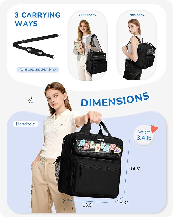 Zipper Binder 3 Ring with Ita Window, 3 Inch D-Ring Binder with Zipper and Strap Fits 14" Laptop, 600+ Sheets Capacity 3-in-1 Shoulder/Backpack/Handle Binder Bag for School Office Commute, Black by Arcoyard - Image 8