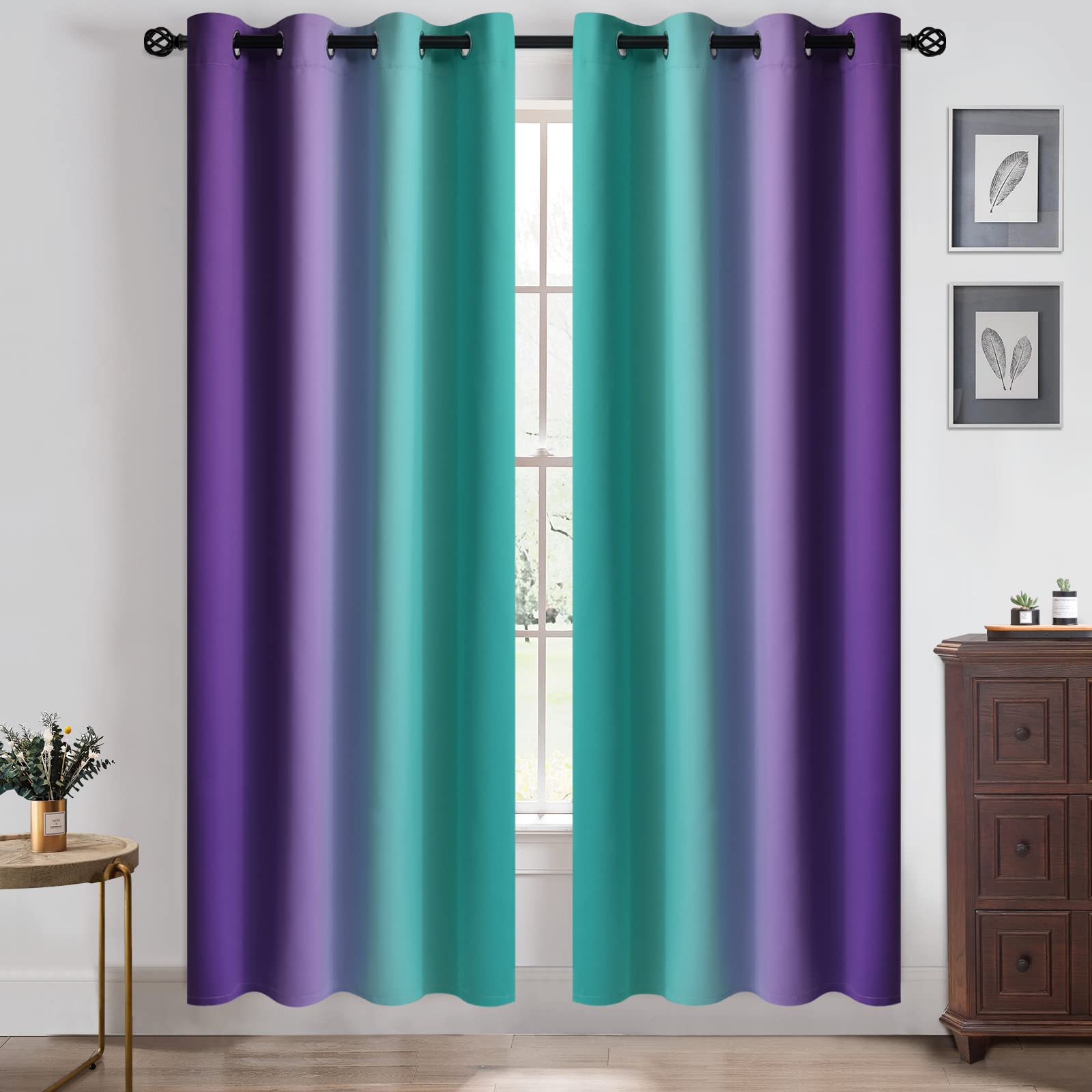 Yakamok Ombre Teal and Purple Curtains for Bedroom, Gradient Room Darkening Curtains 72 inches long,Grommet Thermal Insulated Light Blocking Window Drapes/Curtain for Living Room,52 x 72 Inch,2 Panels โ image 1