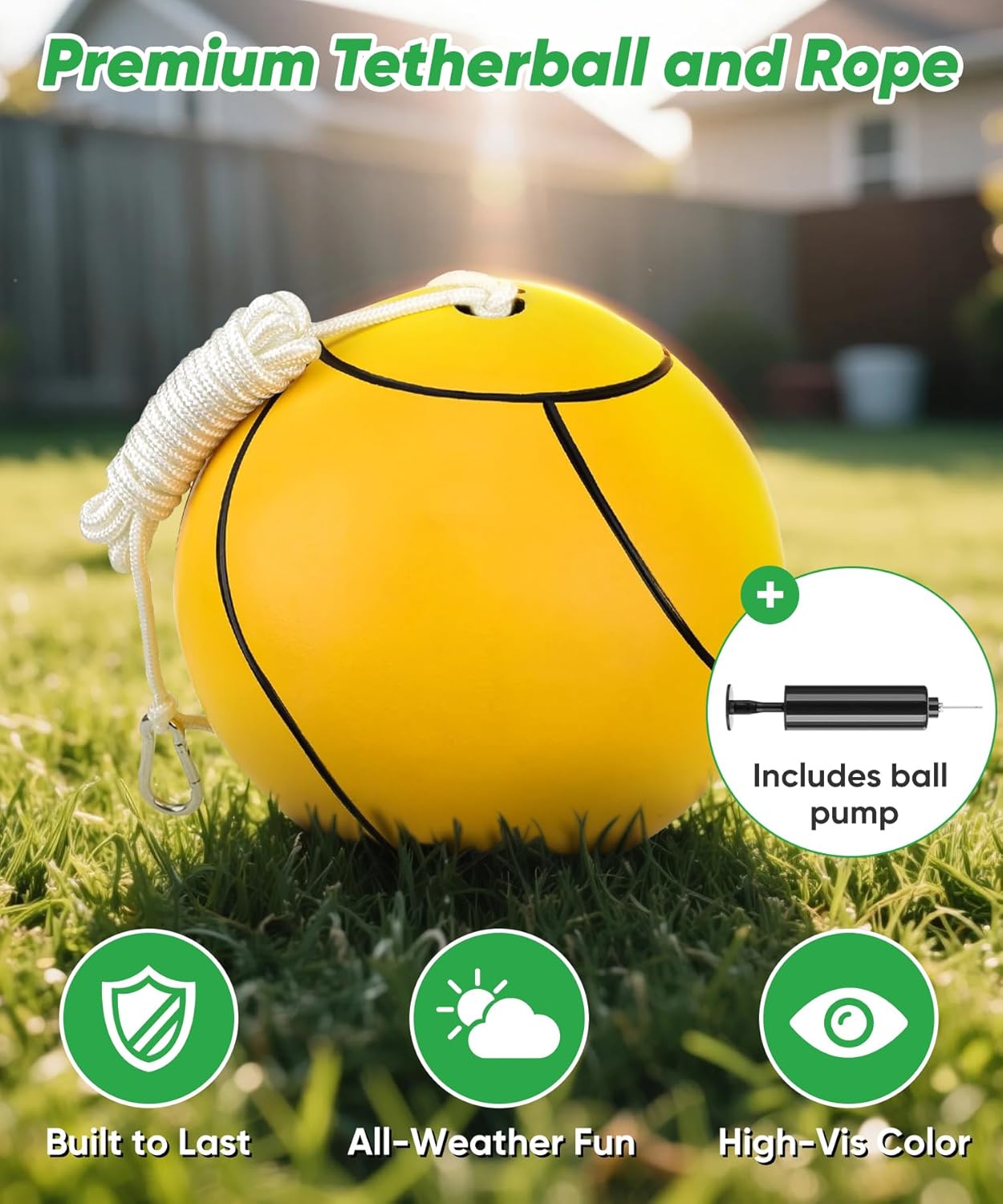 Tetherball Set with Rope & Ball, Portable Tetherball Equipment for Outdoor Backyard, Adjustable Heavy Duty Reinforeced Tether Ball Pole with In-Ground Base for Outside Playground Fun Game