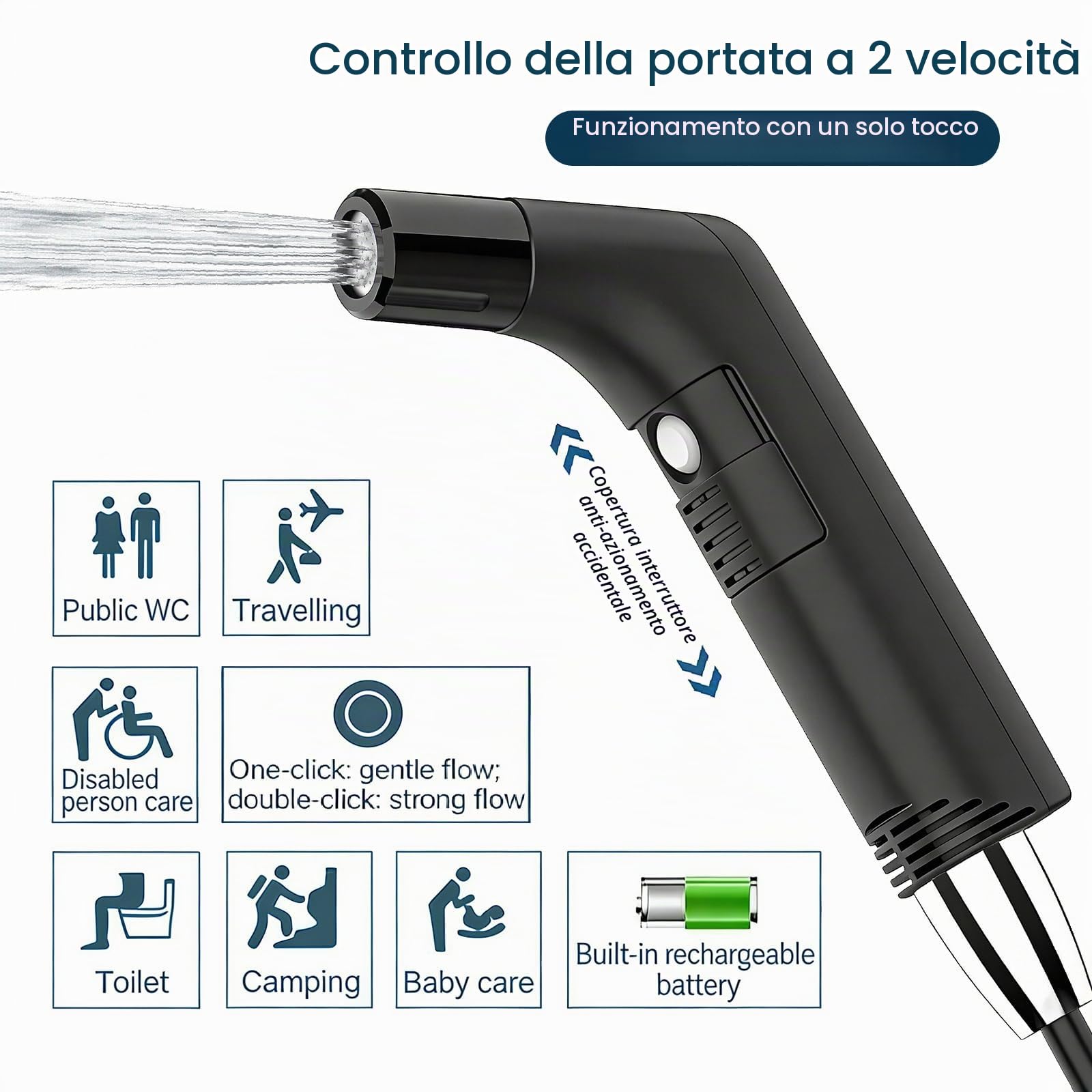 COSWE Bidet Portatile da Viaggio Elettrico Ricaricabile, Bidet Personale Portatile con Spruzzatore per Igiene e Pulizia del WC con Contenitore Acqua da 2,3 Litri (Nero), LIUW_JP2201