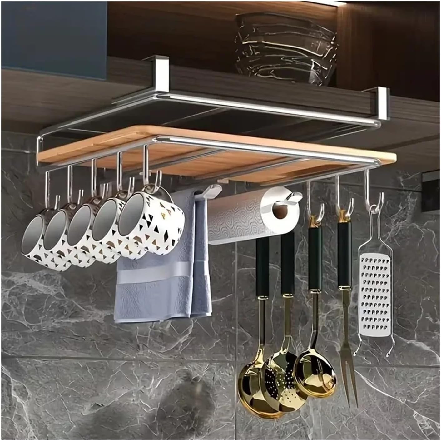 Kitchen Hanging Organizer Rack With Hooks Under Cupboard Paper Towel Rags Hanger Cutting Board Pot Cover Holder Storage Shelf
