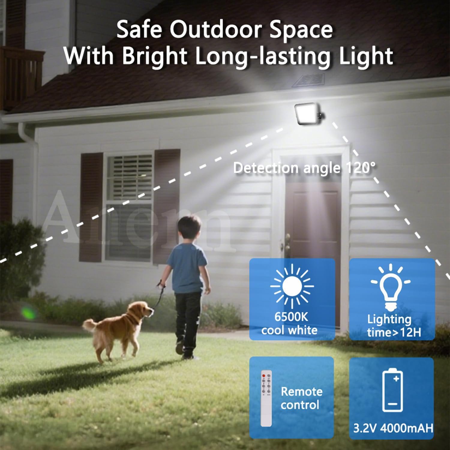 Anern Outdoor Solar Flood Light, 6500K Bright White Floodlights, IP65 Waterproof Solar Power Security Light, Dusk to Dawn with Remote Control for Yard, Garden, Shed, Barn, Porch