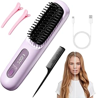 Cepillo Alisador Pelo Inalámbrico Portátil, Mini Plancha Pelo Cerámica con 3 Temperaturas, Calentamiento Rápido Anti-Escaldado, Cepillo Alisador para Viaje y Todo Tipo de Cabello