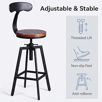 Industrial Bar Stools,Kitchen Dining Chair,Wood Top Stool,Adjustable Height Swivel Counter Height Bar Chair with Metal Backrest,Black,Fully Welded Set of 2 (Brown Wooden Top with Iron Backrest)