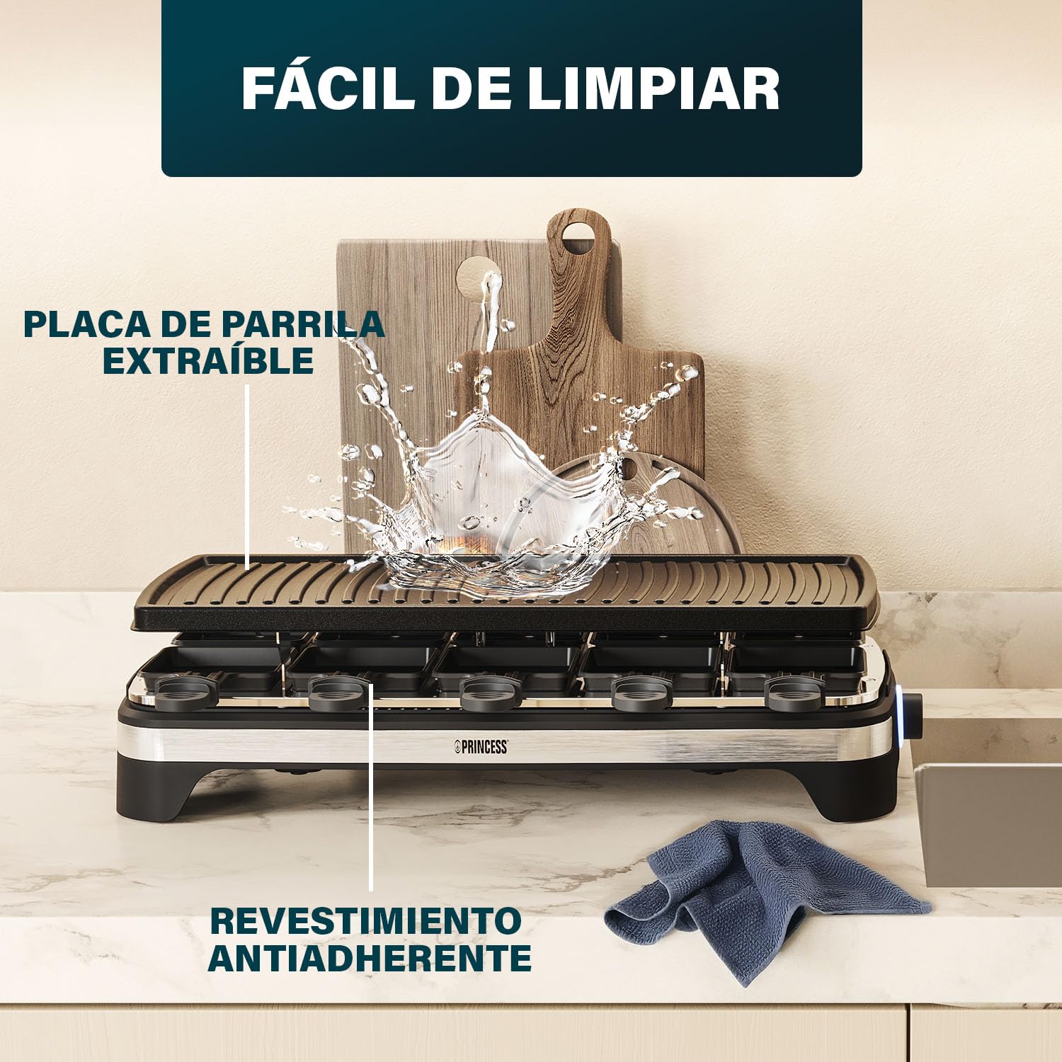 Princess 162650 Raclette multifuncional XXL, parrilla y raclette, termostato regulable, superficie de 49 x 21 cm, revestimiento antiadherente, temperatura de 220 °C, Para 10 comensales, 1500 W