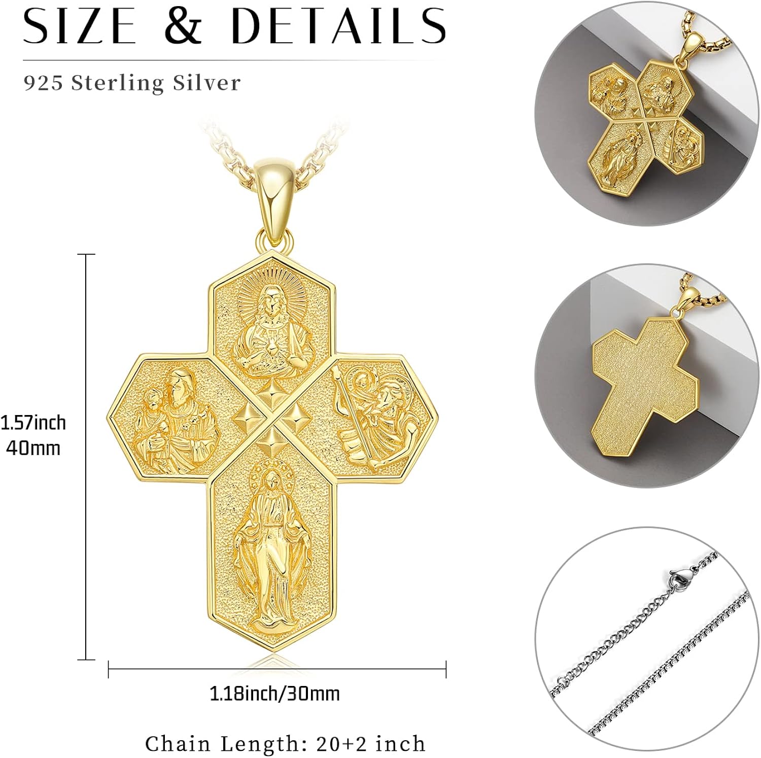 Miniatura 6 de Collar con colgante de medalla de cruz en cuatro direcciones, corazón sagrado, San Cristóbano, San José, la medalla milagrosa, collar de protección,