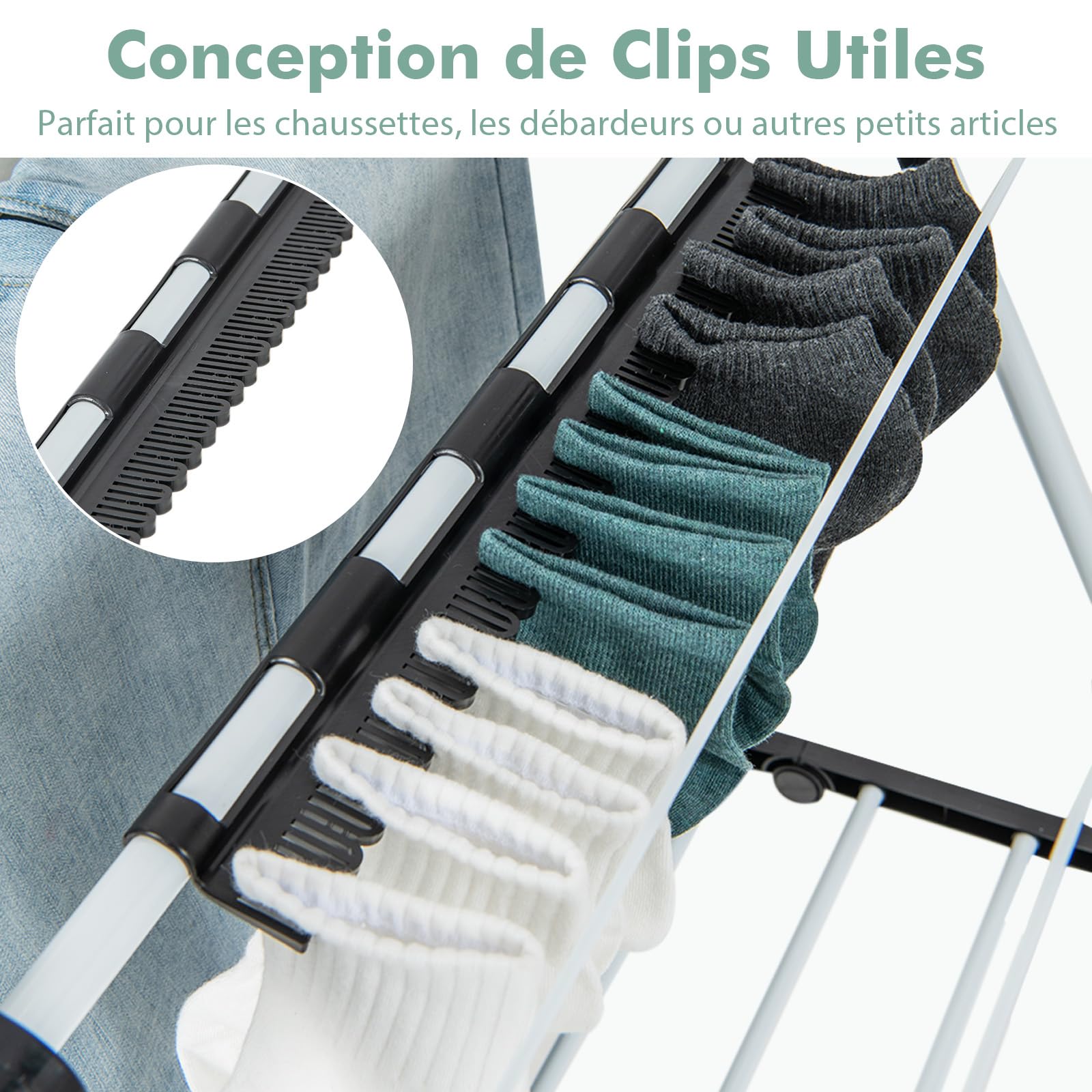 GIANTEX Étendoir à Linge Pliable à 2 Niveaux, Séchoir à Linge Pliable avec Ailes Réglables, Clips Utiles, Cadre Stable en Acier Inoxydable en Forme de ‘A’, Séchoir sur Pied pour Intérieur et Extérieur