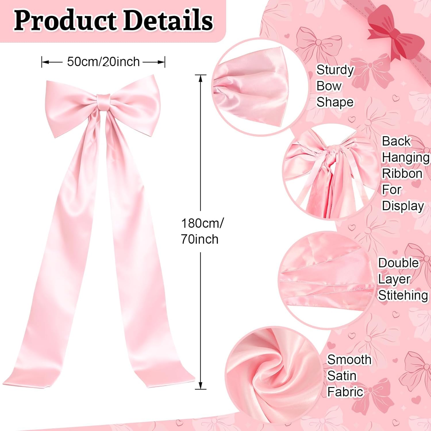Extra Long Satin Pink Bow for Coquette Room Decor,70x20 Inch Bow Wall Decor for Valentine's Day Bachelorette Bridal Shower Wedding Birthday Christmas Decorations