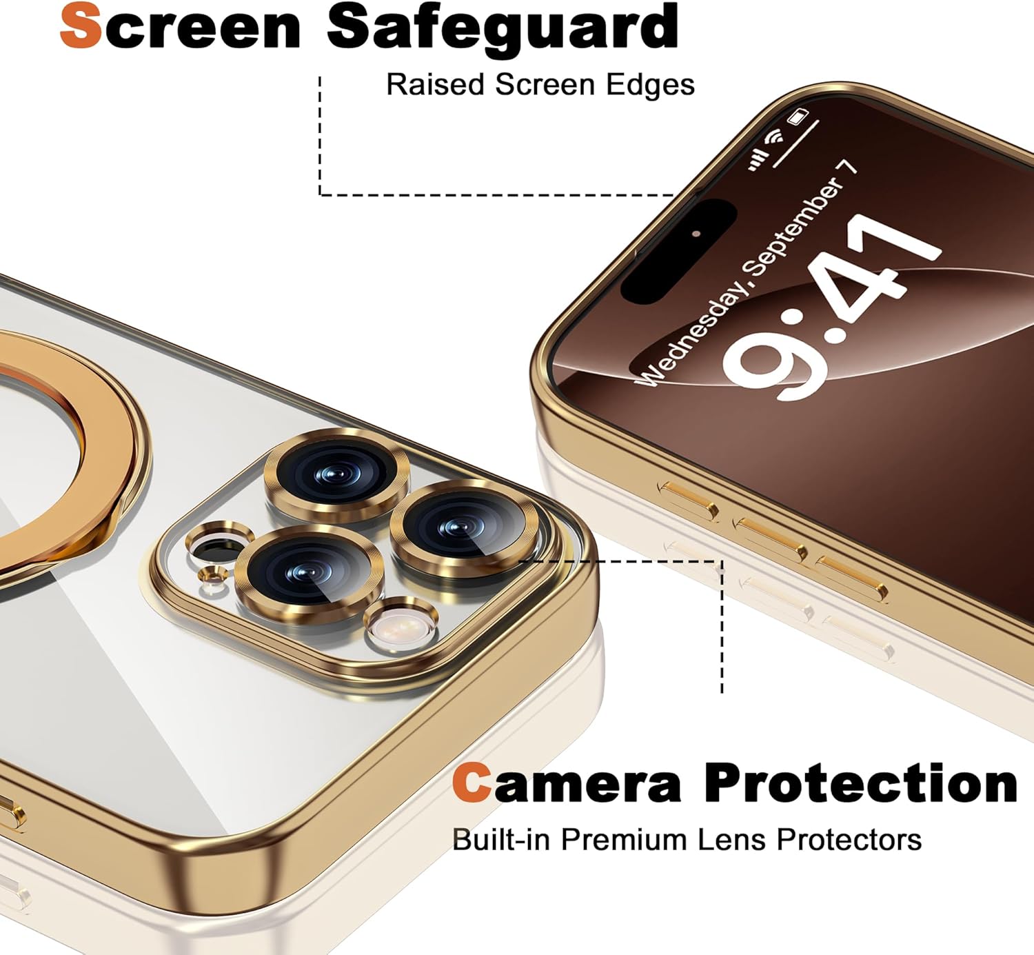 Compatible with iPhone 16 Pro Max Case with Invisible Magnetic Ring Stand [Compatible with Mag-Safe] [Full Camera Lens Protector] Plating Clear Phone Case for iPhone 16 Pro Max 6.9", Gold