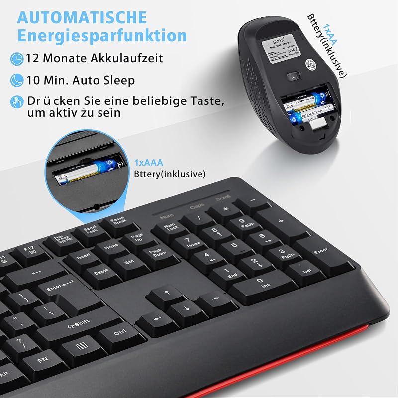 HUO JI Vezeték Nélküli Billentyűzet és Egér Szett, QWERTY Ergonomikus 2.4G Teljes Méretű Számítógép Billentyűzet Csuklótámasszal és 3 Szintű