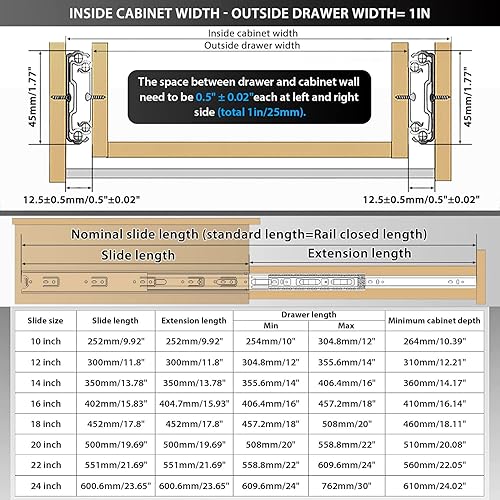 Miniatura 9 de YENUO Cajón de extensión completa de acero inoxidable con cierre suave para montaje lateral de 10, 12, 14, 16, 18, 20, 22, 24 pulgadas, guía de