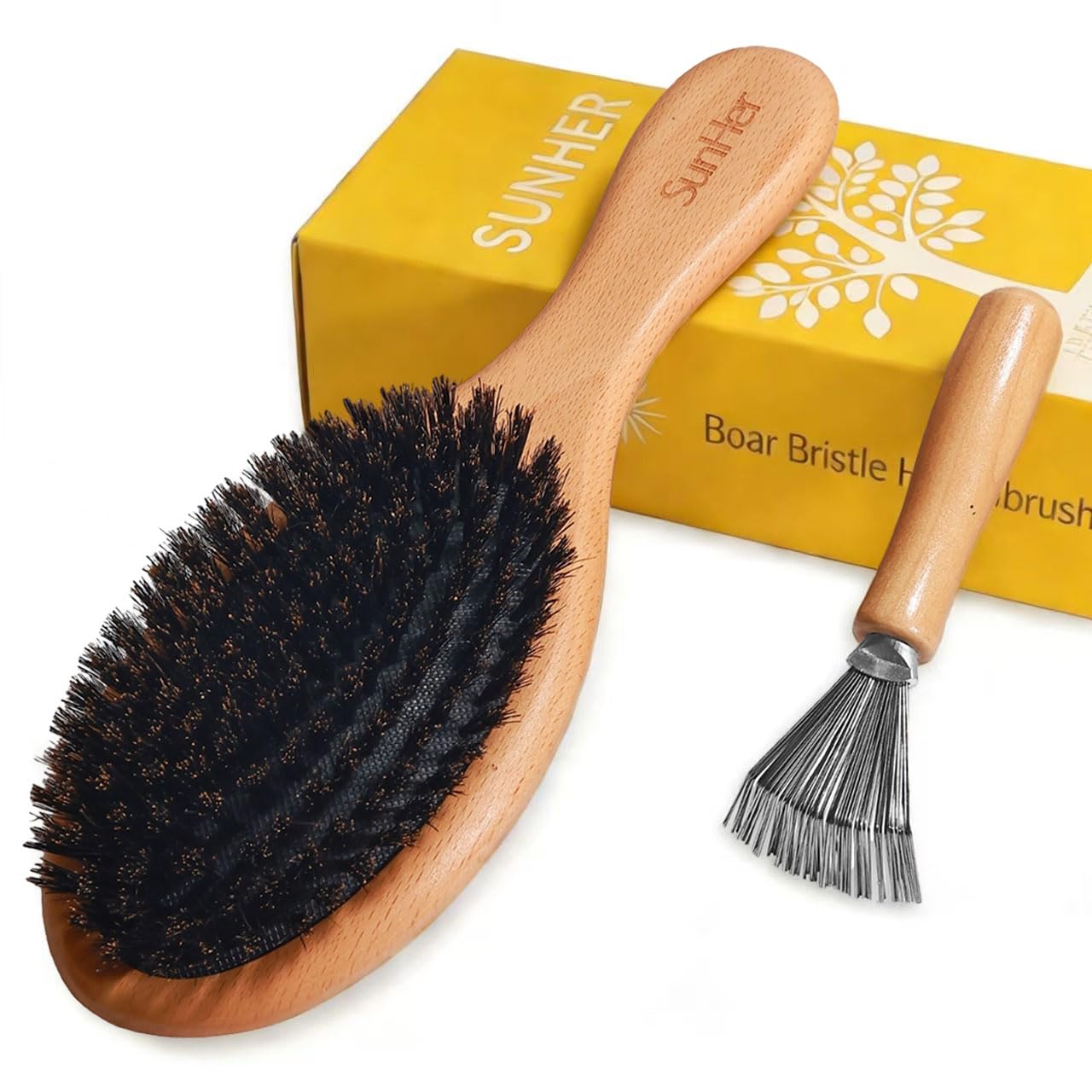 Soft Boar Bristle Hair Brush -100% Natural Bristle Brush for Women Men Short Thin Curly Hair Smoothing Restore Shine & Fine- Wooden Hairbrush with Brush Cleaner