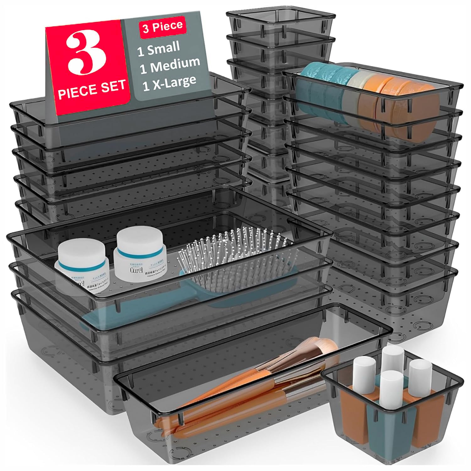 TEX-RO Drawer Organizer Tray/Multi-Purpose Drawers Organisers/Dressing Table Organiser & Make up Organiser/Perfect for Cosmetics, Jewelry, Kitchen and Bathroom (3 pcs, Black)