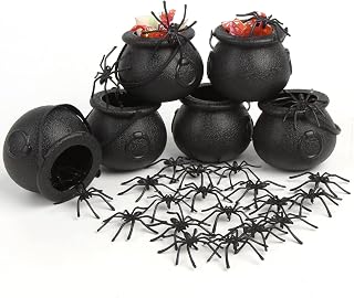 FOIMAS Mini Black Cauldron,6pcs Halloween Plastic Candy Kettle Bucket with 50pcs Spiders Decor for Halloween Trick or Treat Party Favor Home Decoration Supply