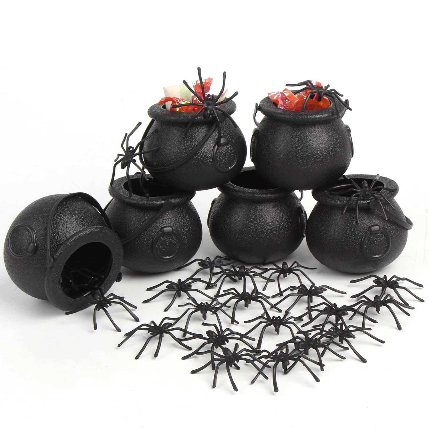 FOIMAS Mini Black Cauldron,6pcs Halloween Plastic Candy Kettle Bucket with 50pcs Spiders Decor for Halloween Home Decoration Supply