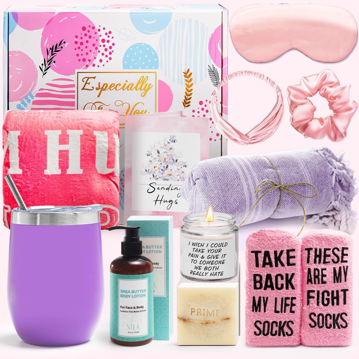 Breast Cancer Survivor Gifts for Women,Get Well Gifts for Women,Sympathy Git Baskets, Breast Cancer Throw Blanket Breast Cancer Care Package for Wome Care Package for Cancer Survivor Chemo (White)