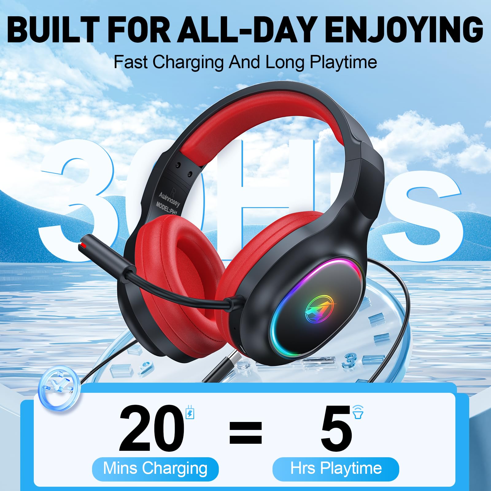2,4 GHz Wireless Gaming Headset, Geräuschunterdrückende Kabellose Kopfhörer mit Abnehmbarem Mikrofon für PC, Mac, Switch, PS4, PS5, Bluetooth Kopfhörer mit Kabel 3.5mm, Schwarz Rot