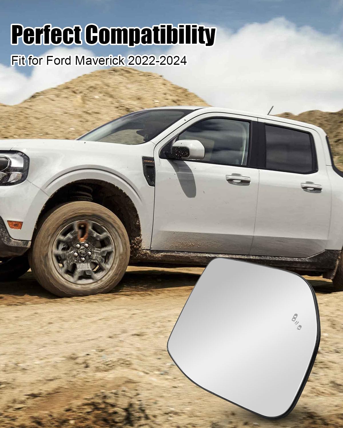 Driver Side Mirror Glass Fit for Ford Maverick 2022 2023 2024, Rear View Mirror Glass with Heated Blind Spot Detection Function, Left