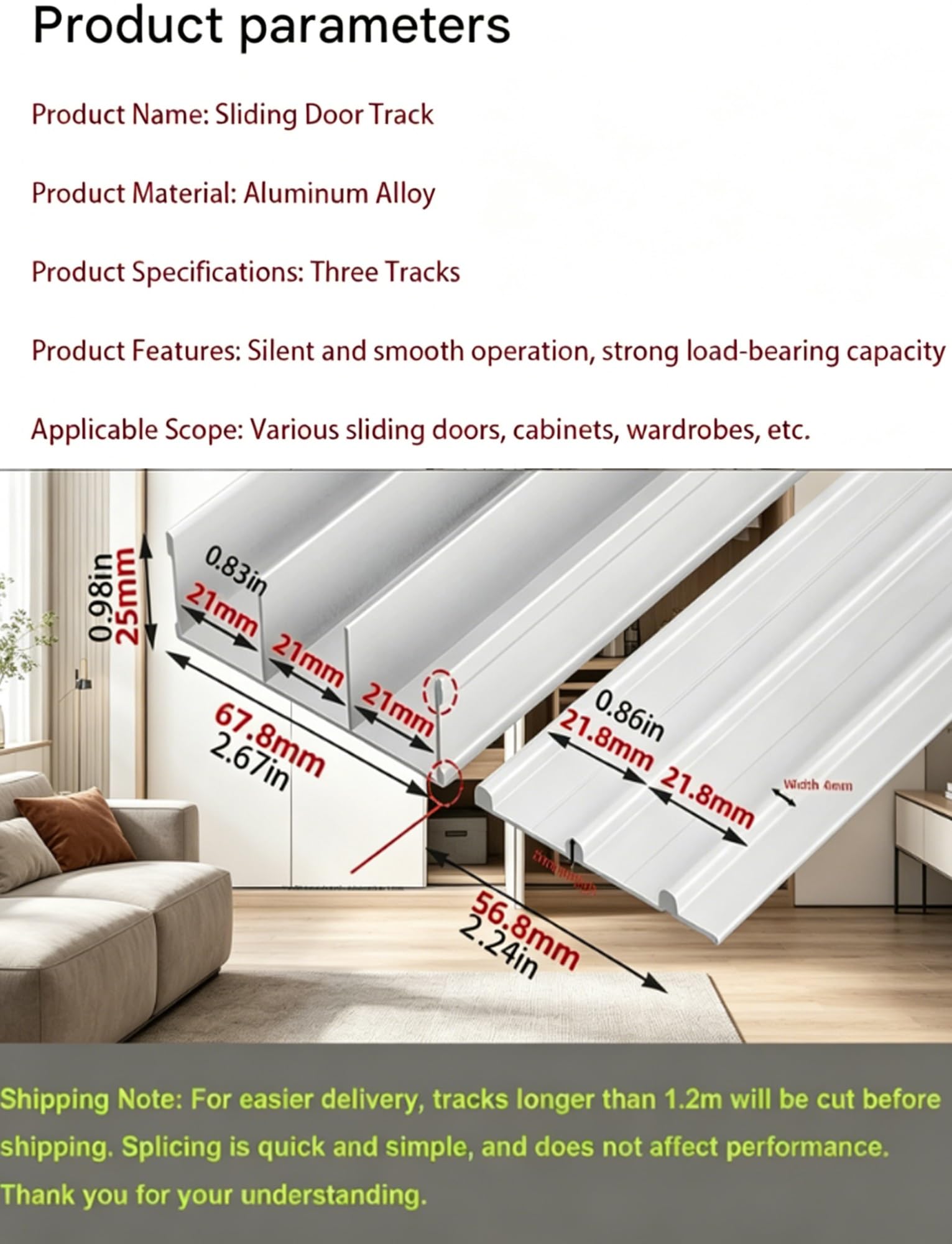 Kit de herrajes for puerta corredera de triple riel ajustable, rieles de aluminio for armario, divisor de habitación y puertas de gabinete, instalación de montaje empotrado(White,280cm110in)
