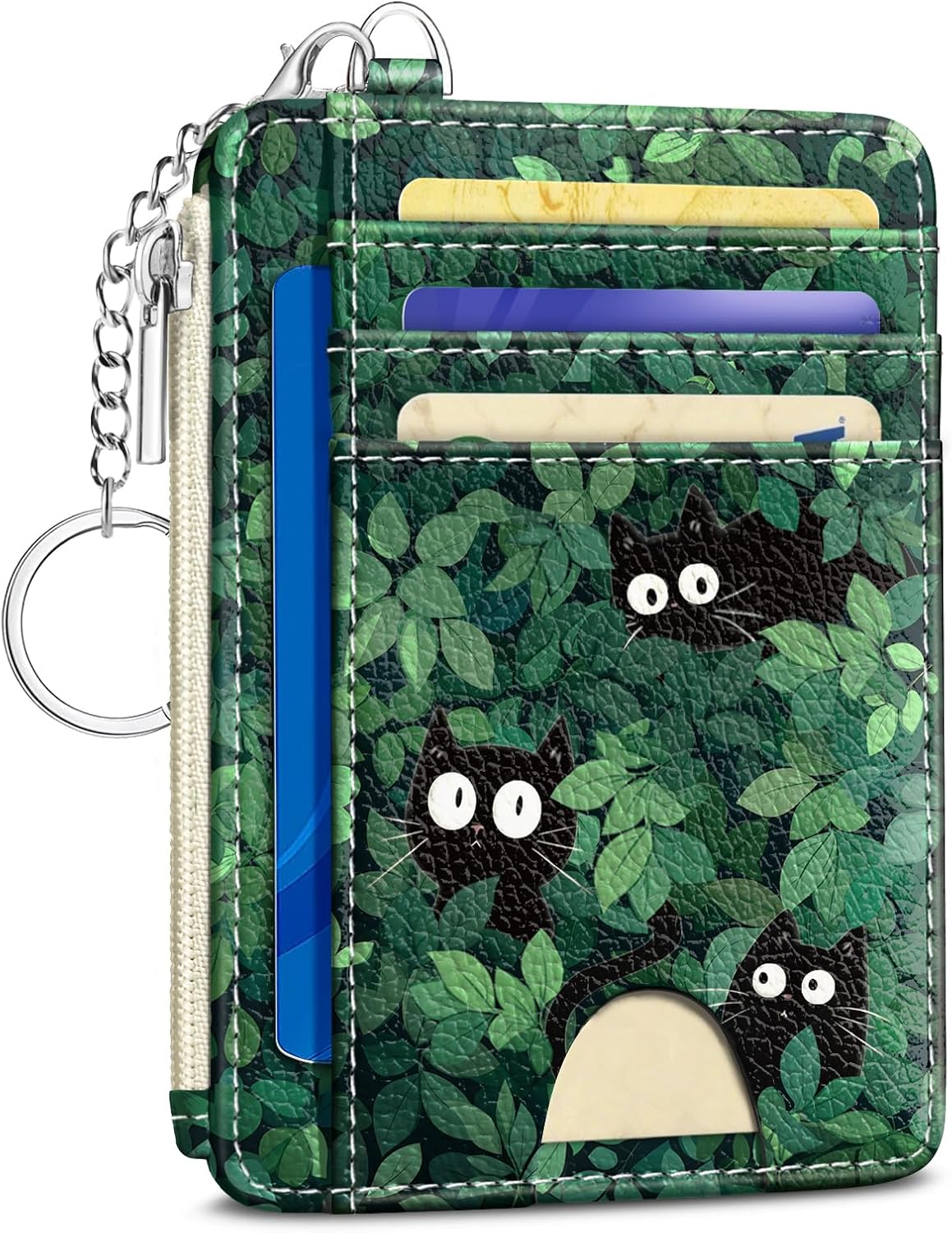 Kelvoris Credit Card Holder Small Wallet Women, Slim RFID, Black Cat Leave