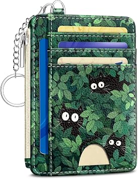 Cute Black Cat Credit Card Holder Small Wallet Women, Green Grass Slim RFID Blocking Wallet Woman Keychain with Zipper Coin Pocket, Front Pocket Thin Travel Card Case with ID Window for Ladies Gifts