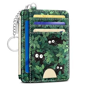 Cute Black Cat Credit Card Holder Small Wallet Women Green Grass Slim RFID Blocking Wallet Woman Keychain with