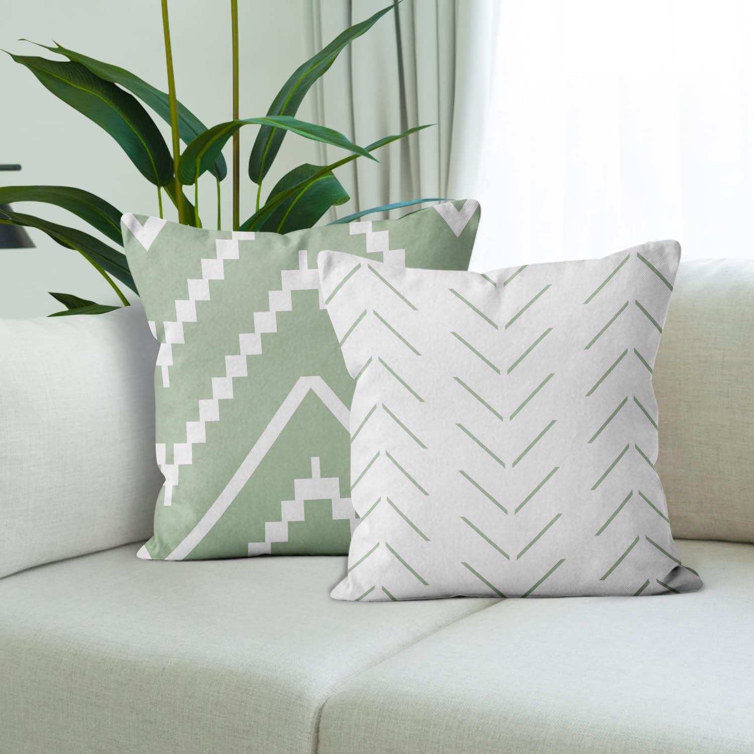 Verde Fundas de Cojín 40x40 Juego de 4, Moderno Geometría Verde Blanco Cuadrado Sofá Decorativo Cojín de Almohada, Masía Rústica Lavable Poliéster Textil Exterior Jardín Funda de Almohada