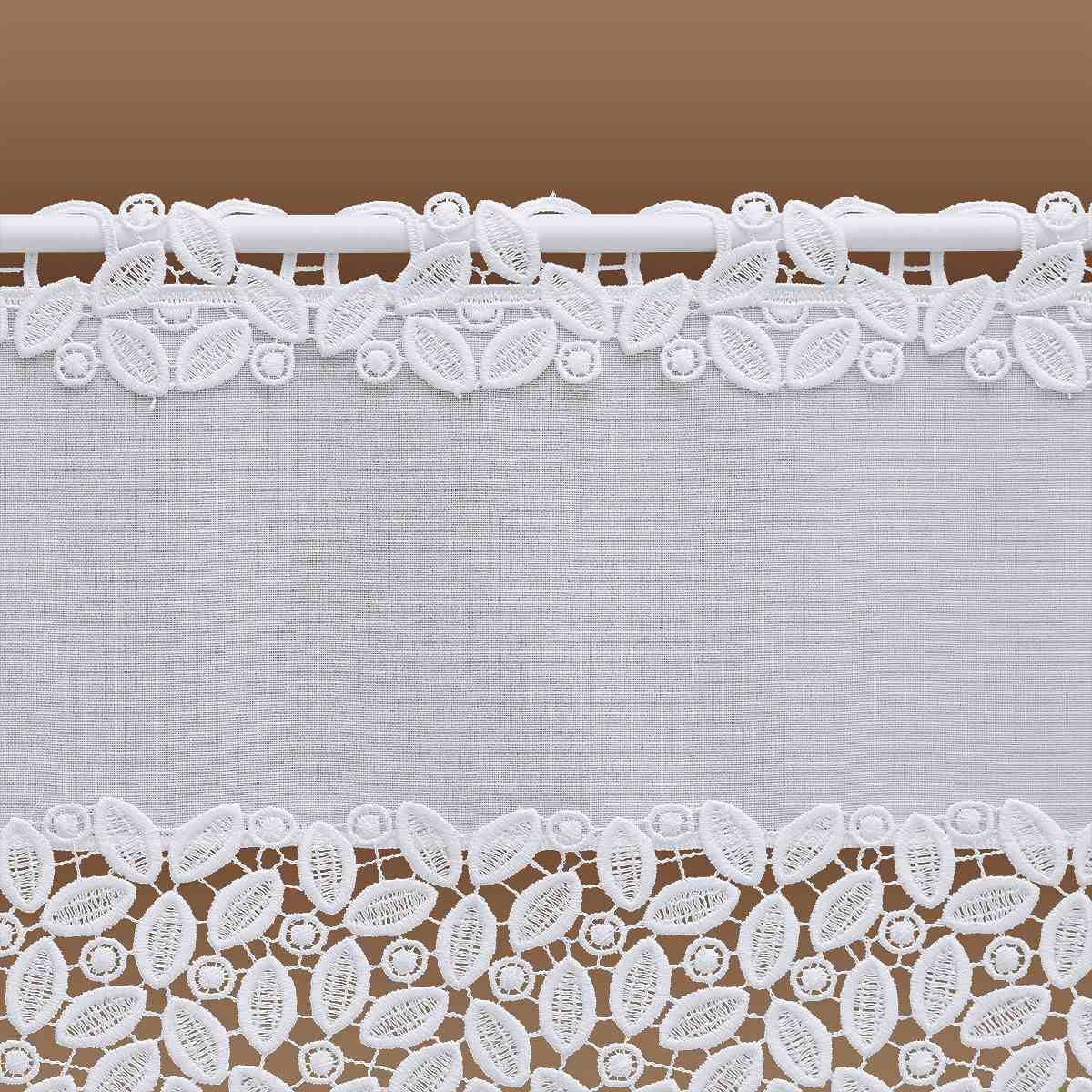 Scheibenhänger Carmelita Vogtländische Spitze mit Raffhalter | modern geraffter Sockelstore weiß Blätterdesign | Flächengardine handgefertigt | Kurzgardine Sockelstore Höhe x Breite 120 x 90 cm