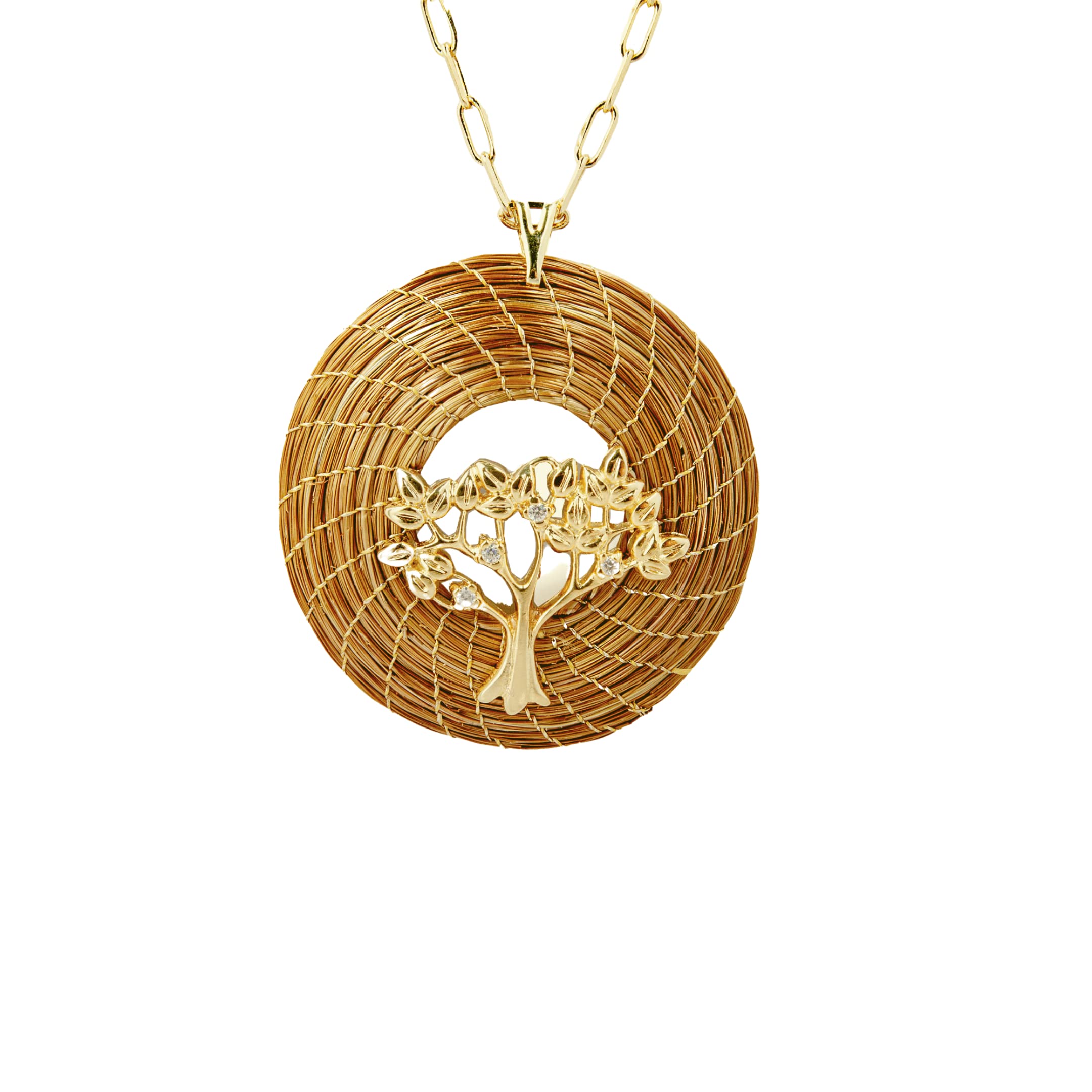 Collar Árbol de la Vida de Oro Vegetal 45 mm con Cadena Chapada en Oro | Joyería de fibra natural dorada