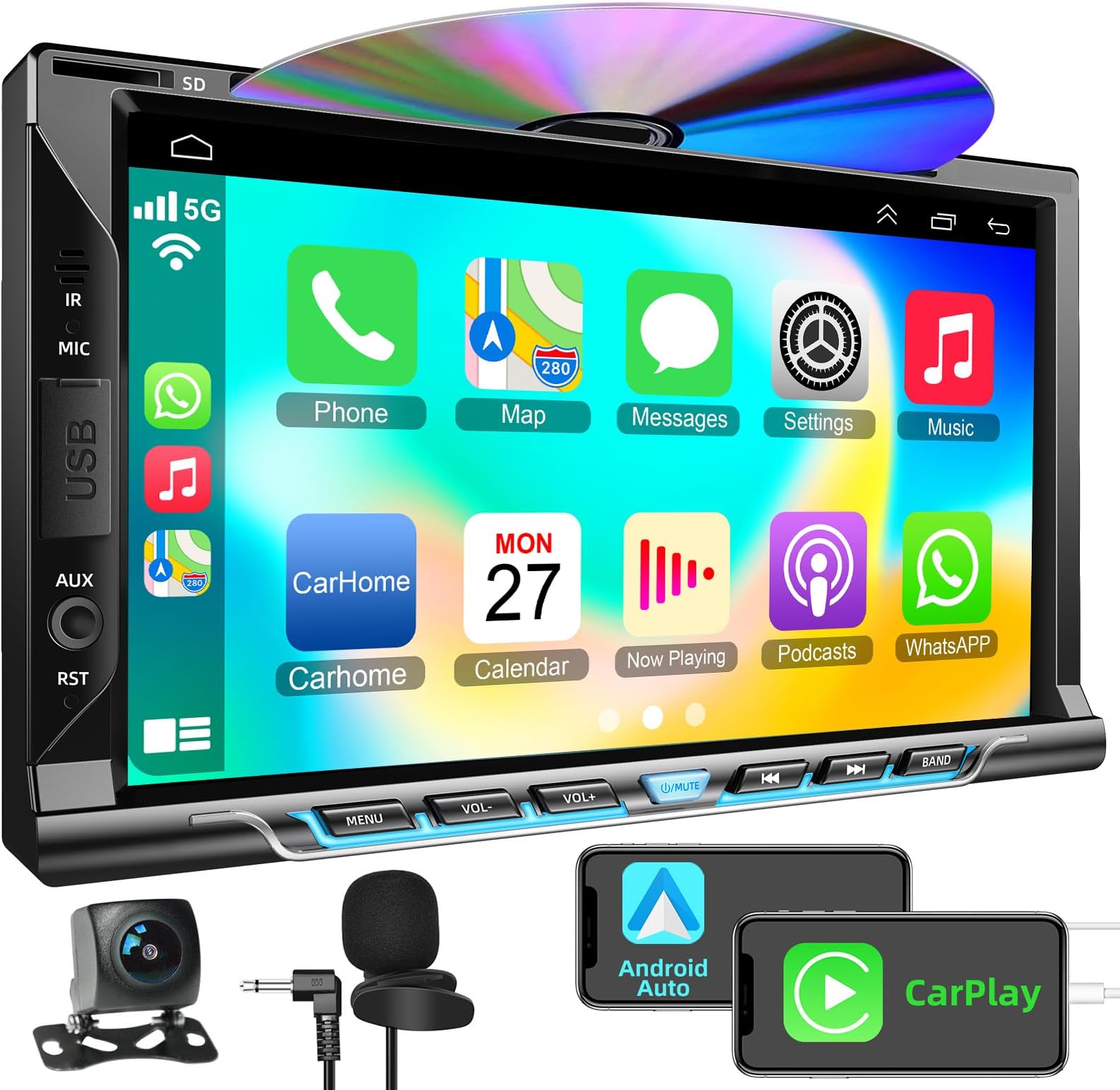 Double Din Car Stereo with Carplay & Android Auto, Adapter-Universe 7 Inch Car Radio with CD/DVD Player Support Back up Camera, Bluetooth & Voice Control, Mirror Link, Subwoofer, SWC, Subwoofer, AM/FM